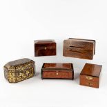 A collection of 5 antique storage boxes, 'Répondre and Répondues', Domino game and jewellery boxes.