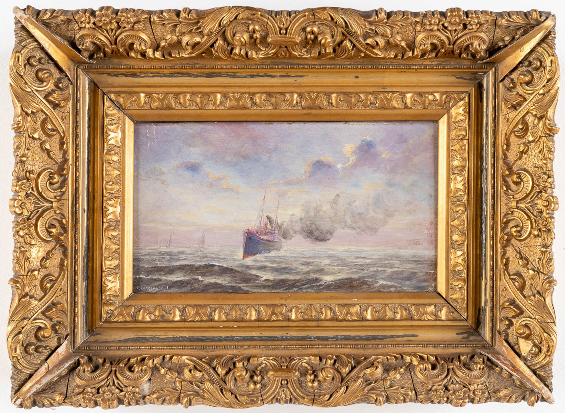 Charles LANGENBICK (1873-1943) 'Marine' oil on panel. (W: 27 x H: 15 cm) - Image 3 of 5