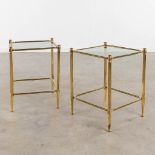 A pair of side tables, brass and fumé glass. (L: 38 x W: 38 x H: 50 cm)