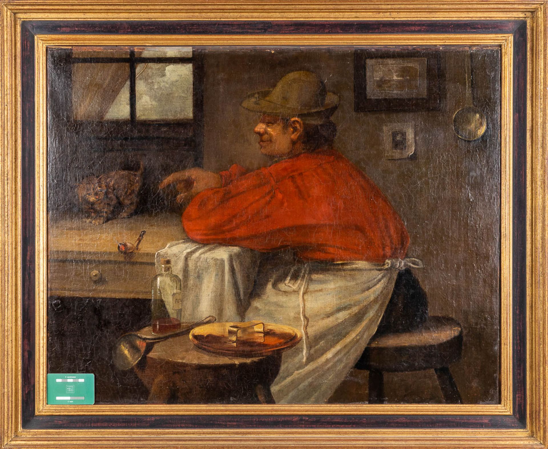Farmer with a cat, a painting, oil on canvas. No signature found. 19th C. (W: 81 x H: 65 cm) - Image 2 of 8
