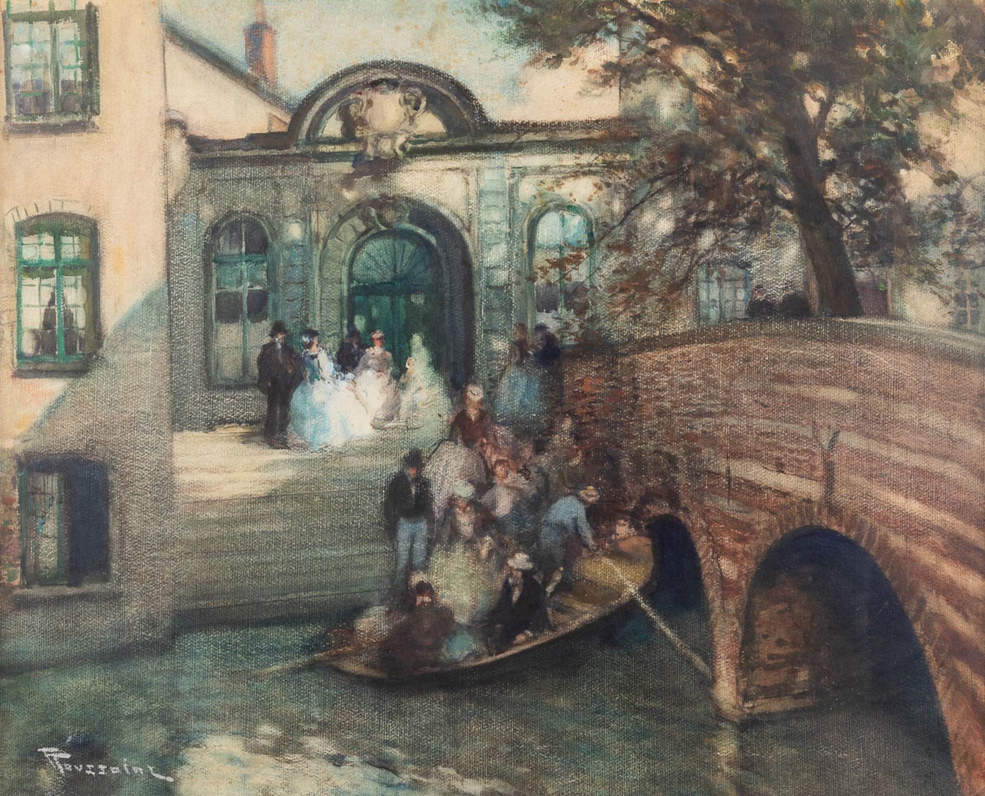 Fernand TOUSSAINT (1873-1955/56) 'Wedding boatride' mixed media on board. (W: 80 x H: 65 cm)