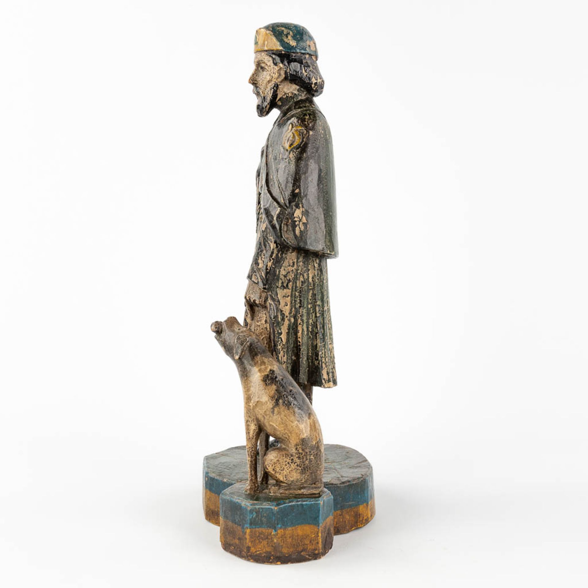 An antique wood sculpture 'Saint Rochus and his dog'. 19th C. (L: 14 x W: 19,5 x H: 37 cm) - Image 6 of 11