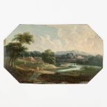 An antique landscape, Oil on metal, Italian school, 18th century. (W: 29 x H: 17,5 cm)