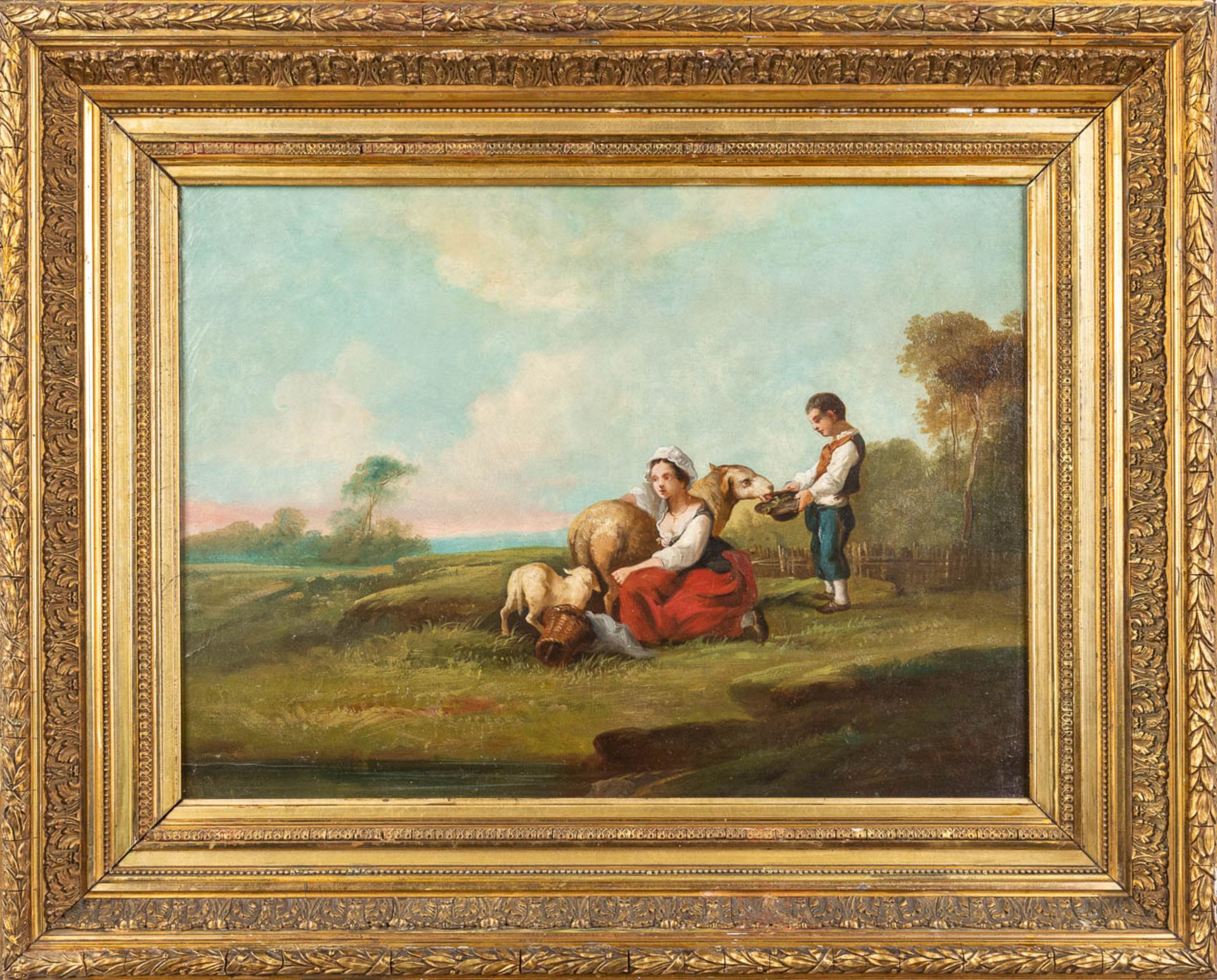 'Feeding the sheep, a painting, oil on canvas. 18th C. (W: 65 x H: 47 cm) - Image 3 of 8