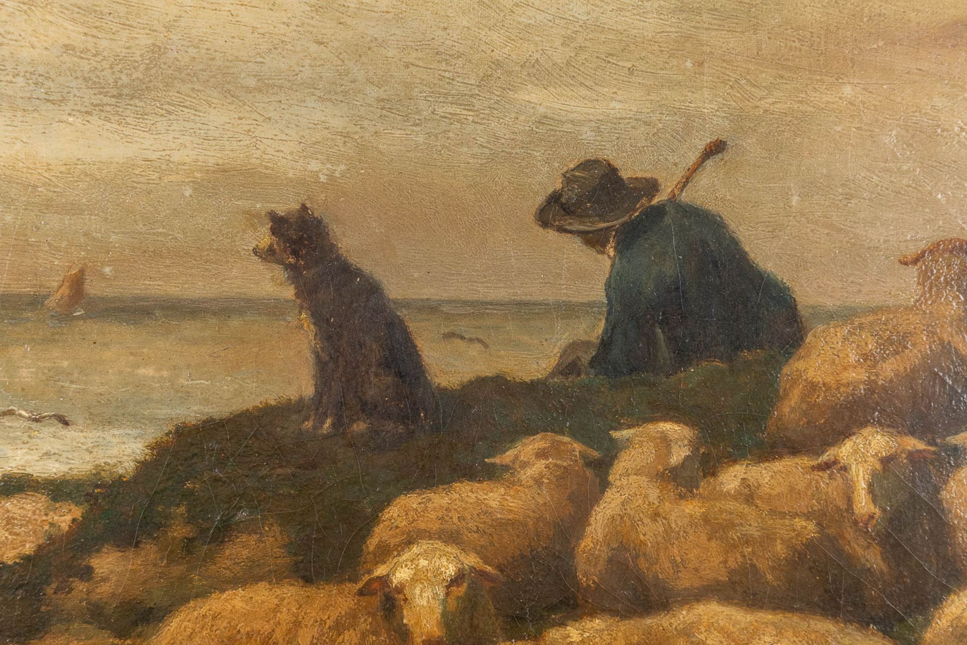 Edouard WOUTERMAERTENS (1819-1897) 'Sheep and shepperd', oil on canvas. (W: 50 x H: 30 cm) - Image 4 of 8