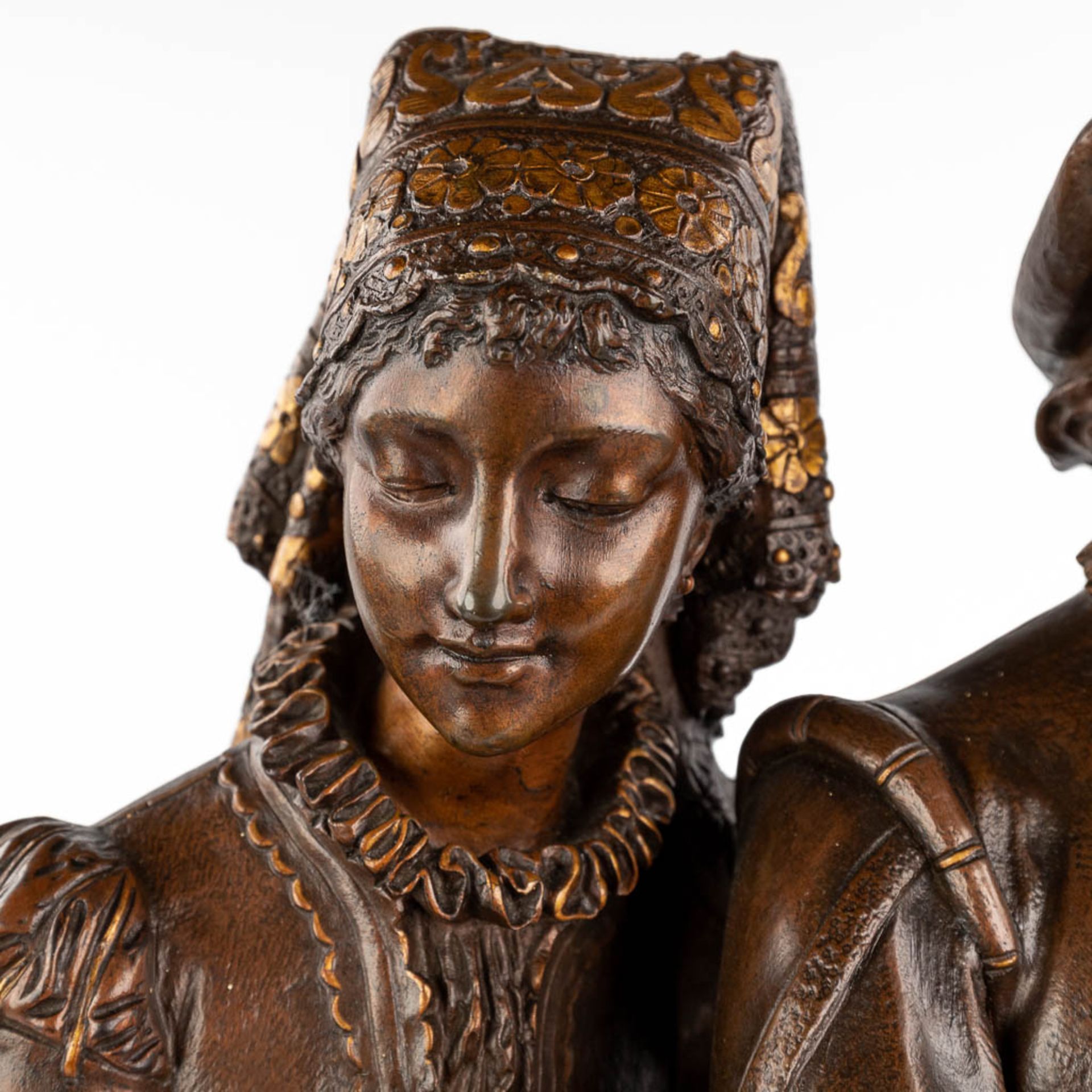 Adrien Etienne GAUDEZ (1845-1902) 'Gentleman and woman' patinated bronze. (H: 62 x D: 26 cm) - Image 11 of 15