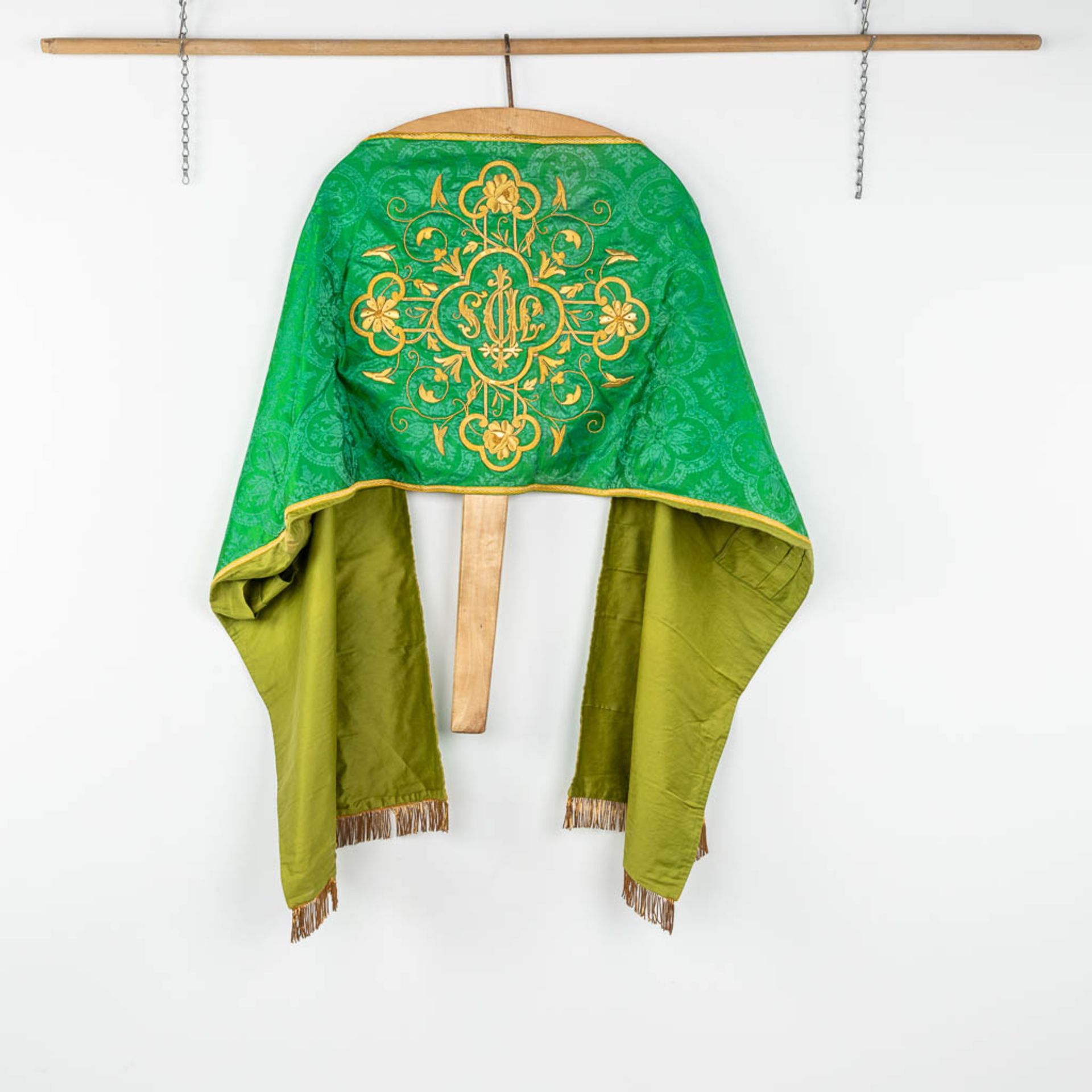 A Cope and Humeral Veil, finished with thick gold thread and green fabric and the IHS logo. - Image 10 of 14