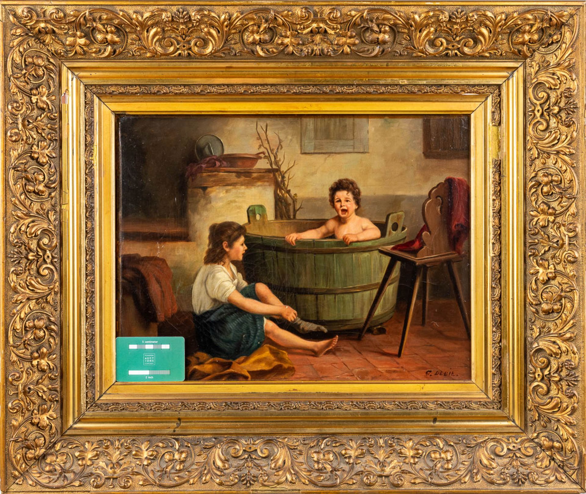Corneille DEBIE (XIX) 'Bathing time' oil on canvas. (W: 45 x H: 34 cm) - Image 2 of 11