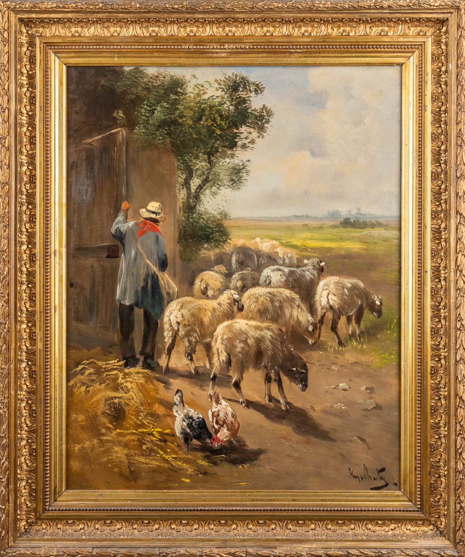 Henry SCHOUTEN (1857/64-1927) 'Sheep herder' oil on canvas. (W: 60 x H: 75 cm) - Image 3 of 8