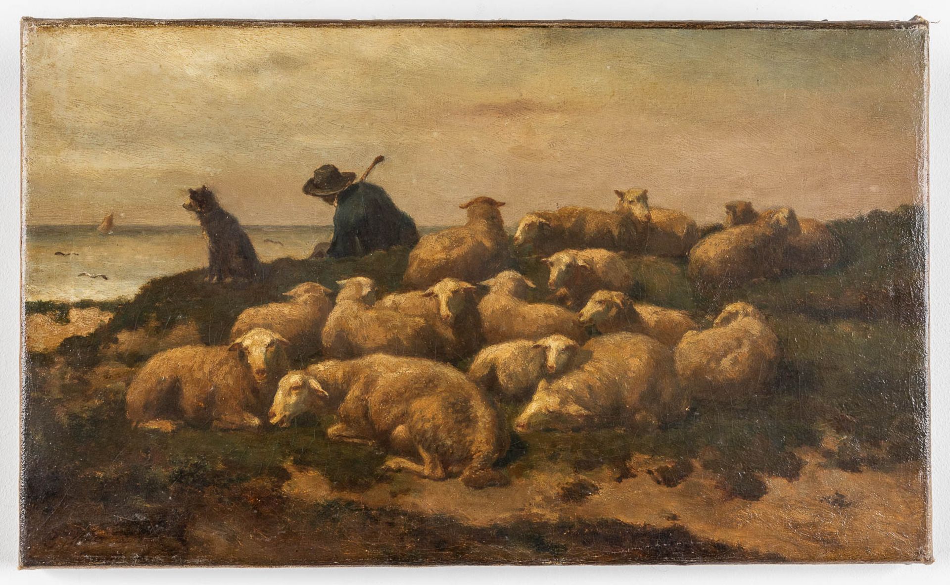 Edouard WOUTERMAERTENS (1819-1897) 'Sheep and shepperd', oil on canvas. (W: 50 x H: 30 cm) - Image 3 of 8