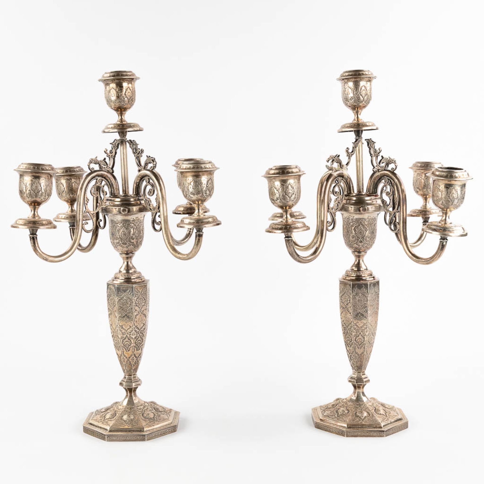 A pair of candelabra, silver, probably Middle-East. 3,650g. - Image 5 of 14