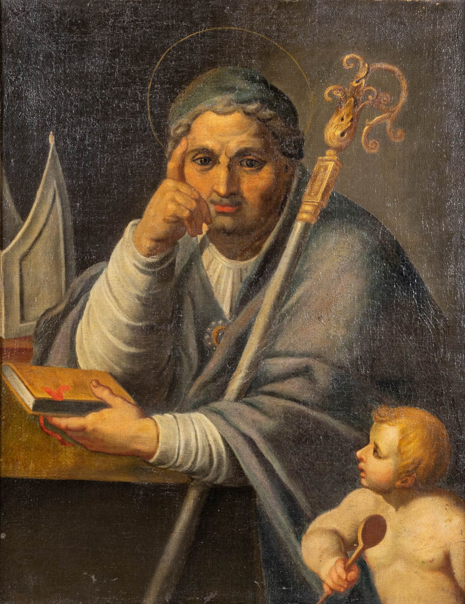 An antique painting, 'Saint Augustine with a staff and putto' oil on canvas. 18th C. (W: 60 x H: 75