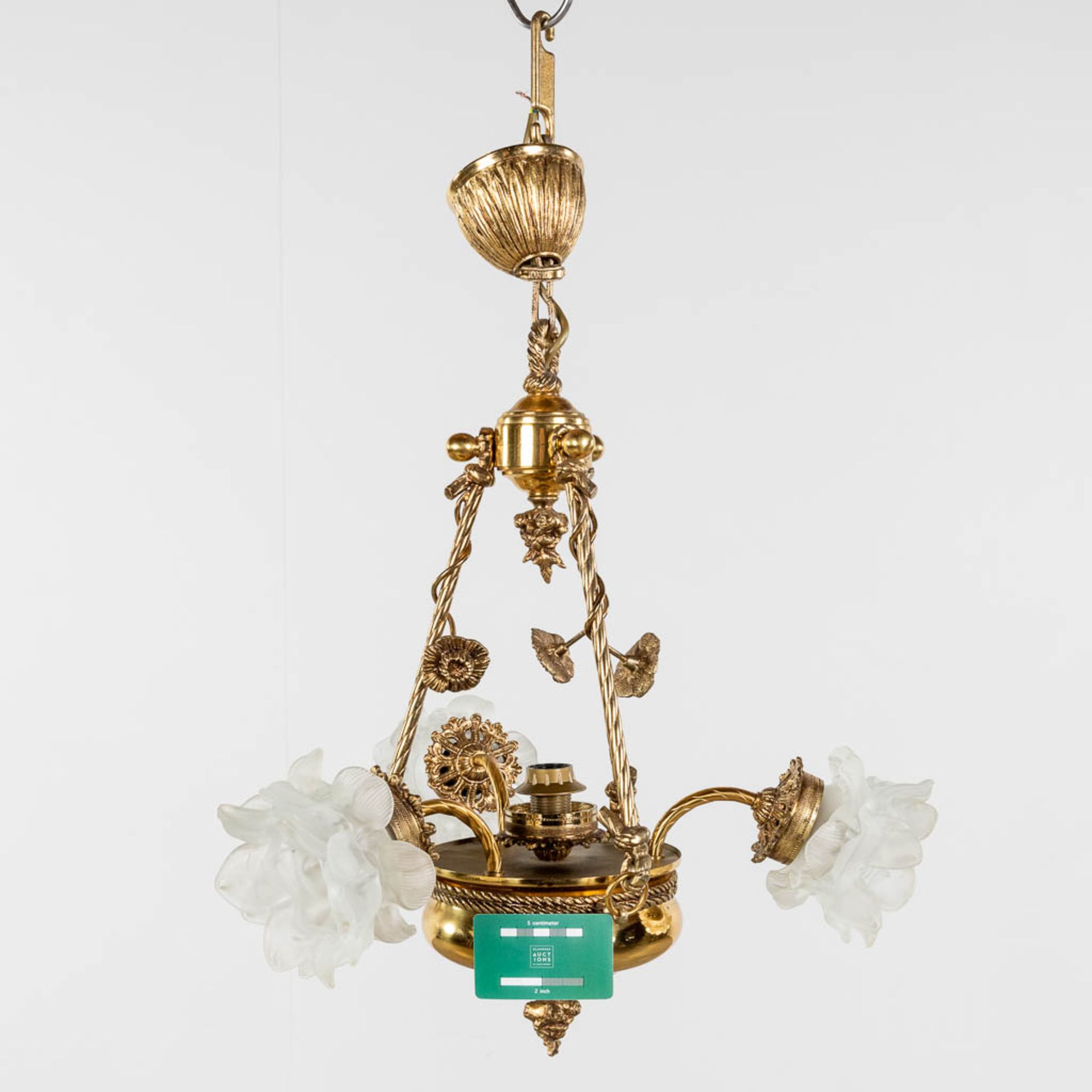 A chandelier, brass with glass lampshades, circa 1970. (H: 60 x D: 40 cm) - Image 2 of 9