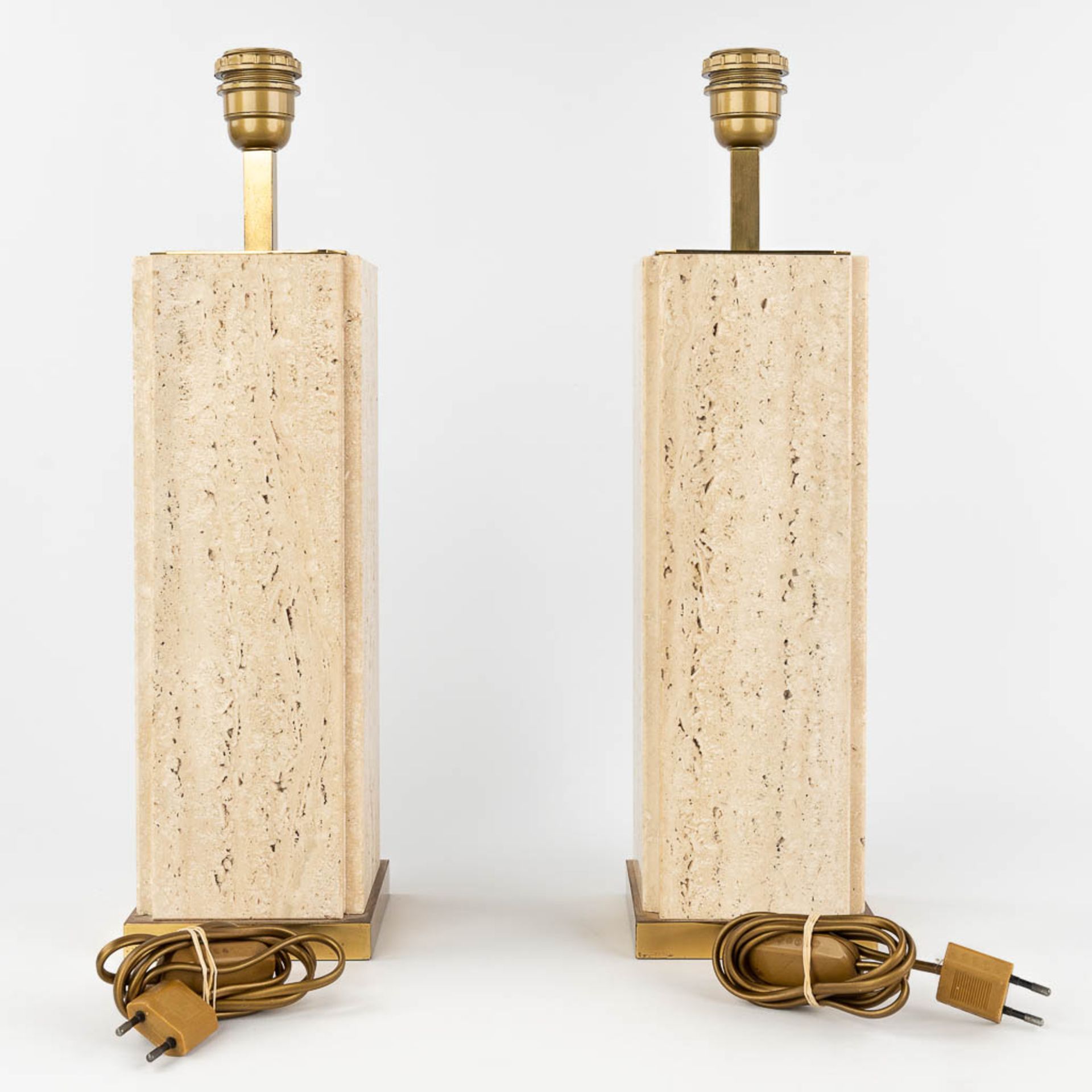 Camille BREESCHE (XX) 'Pair of table lamps' Brass and Travertine. (L: 13 x W: 13 x H: 49 cm) - Bild 5 aus 12
