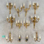 A collection of 6 pairs of wall lamps in Louis XVI, Louis XV and empire style. 20th century. (H: 42