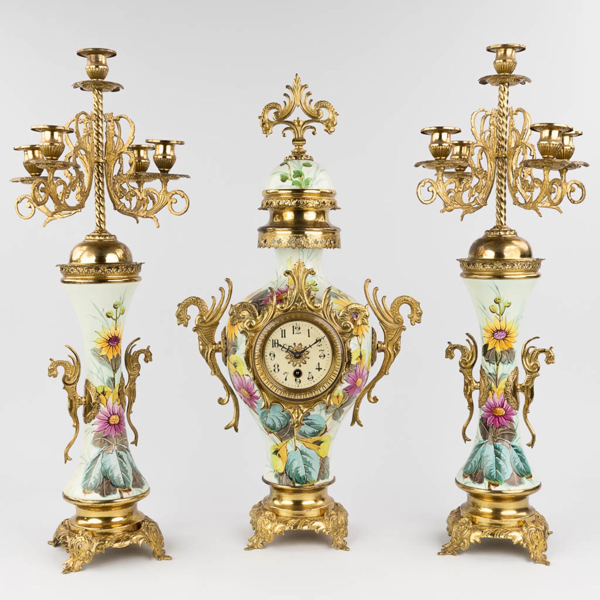 A three-piece mantle garniture clock and candelabra, circa 1900. (W: 34 x H: 63 cm) - Image 3 of 14