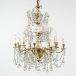 A large chandelier, bronze decorated with glass. 19th C. (H: 90 x D: 70 cm)