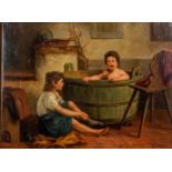 Corneille DEBIE (XIX) 'Bathing time' oil on canvas. (W: 45 x H: 34 cm)