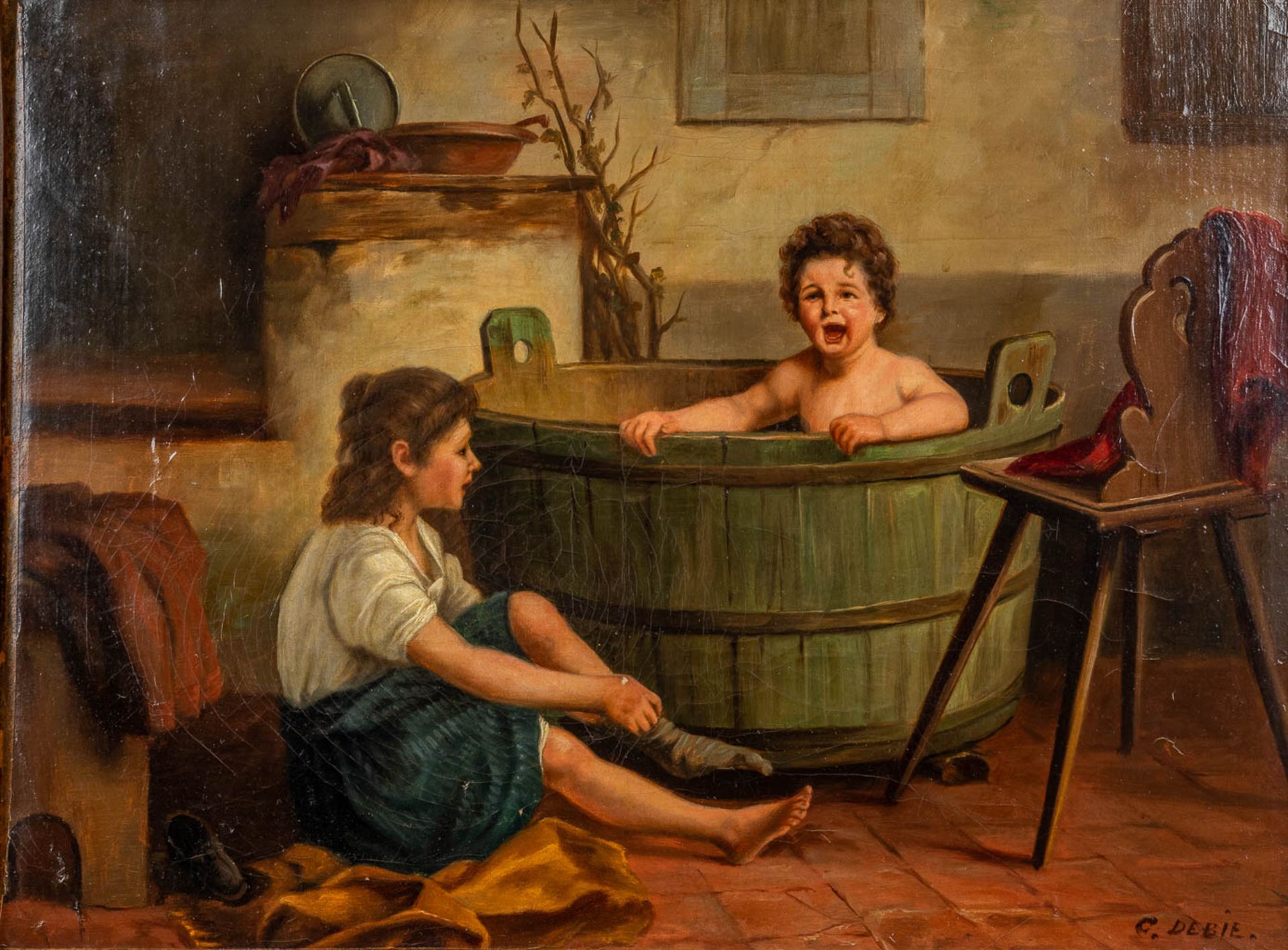 Corneille DEBIE (XIX) 'Bathing time' oil on canvas. (W: 45 x H: 34 cm)