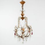 A decorative chandelier, brass and coloured glass. (H: 65 x D: 36 cm)