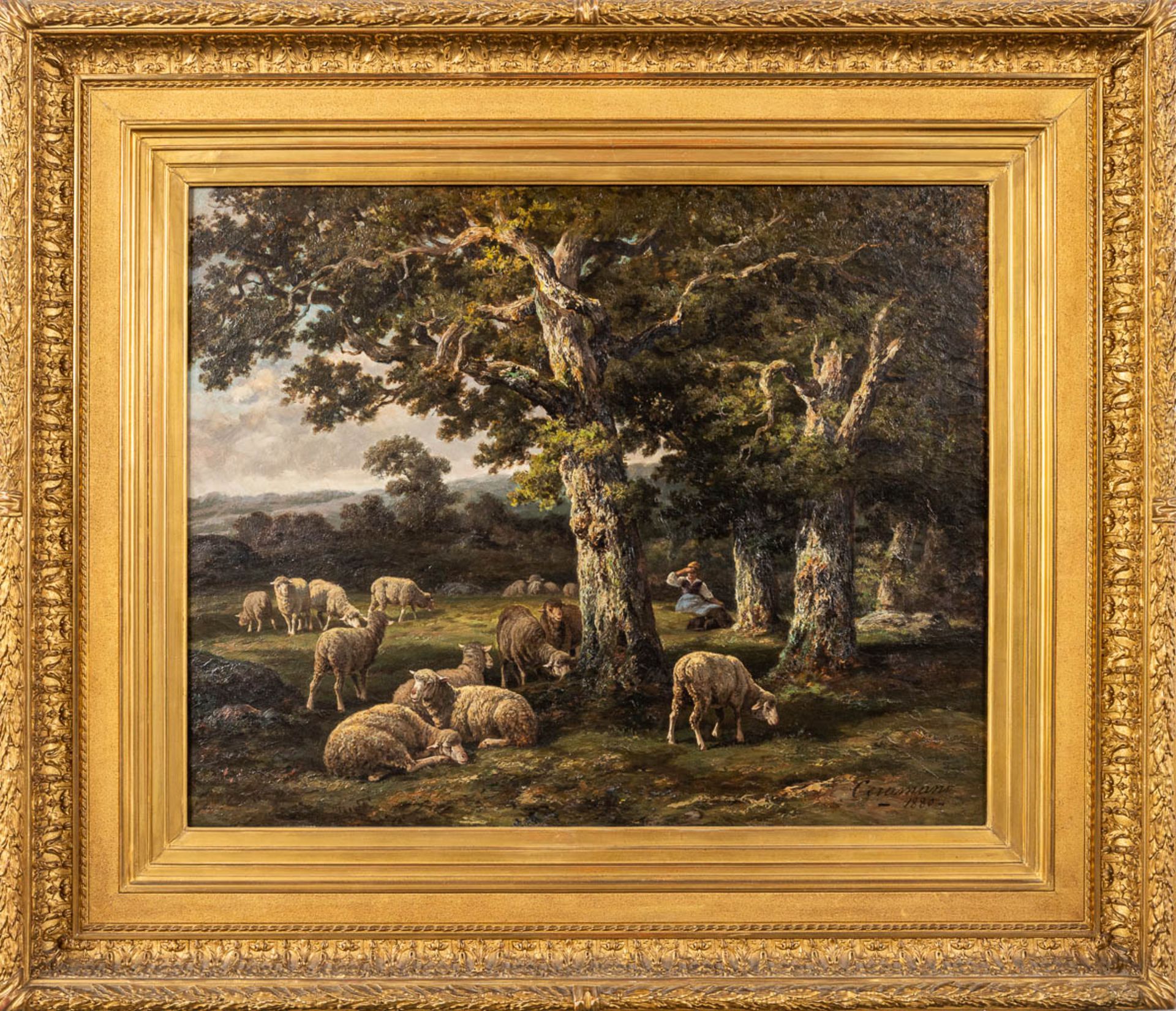 Charles Ferdinand CERAMANO (1829/31-1909) 'Sheep in Barbison Forest' oil on canvas. 1880. (W: 81 x H - Image 3 of 12