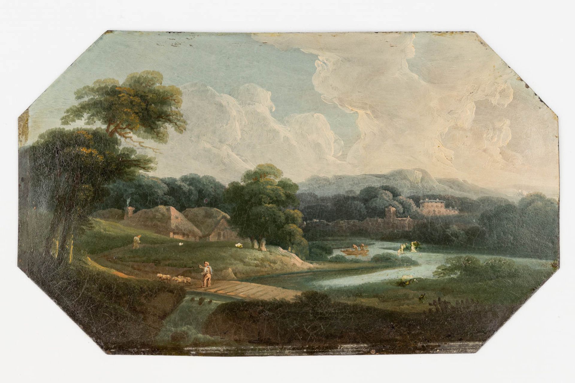 An antique landscape, Oil on metal, Italian school, 18th century. (W: 29 x H: 17,5 cm) - Image 3 of 8