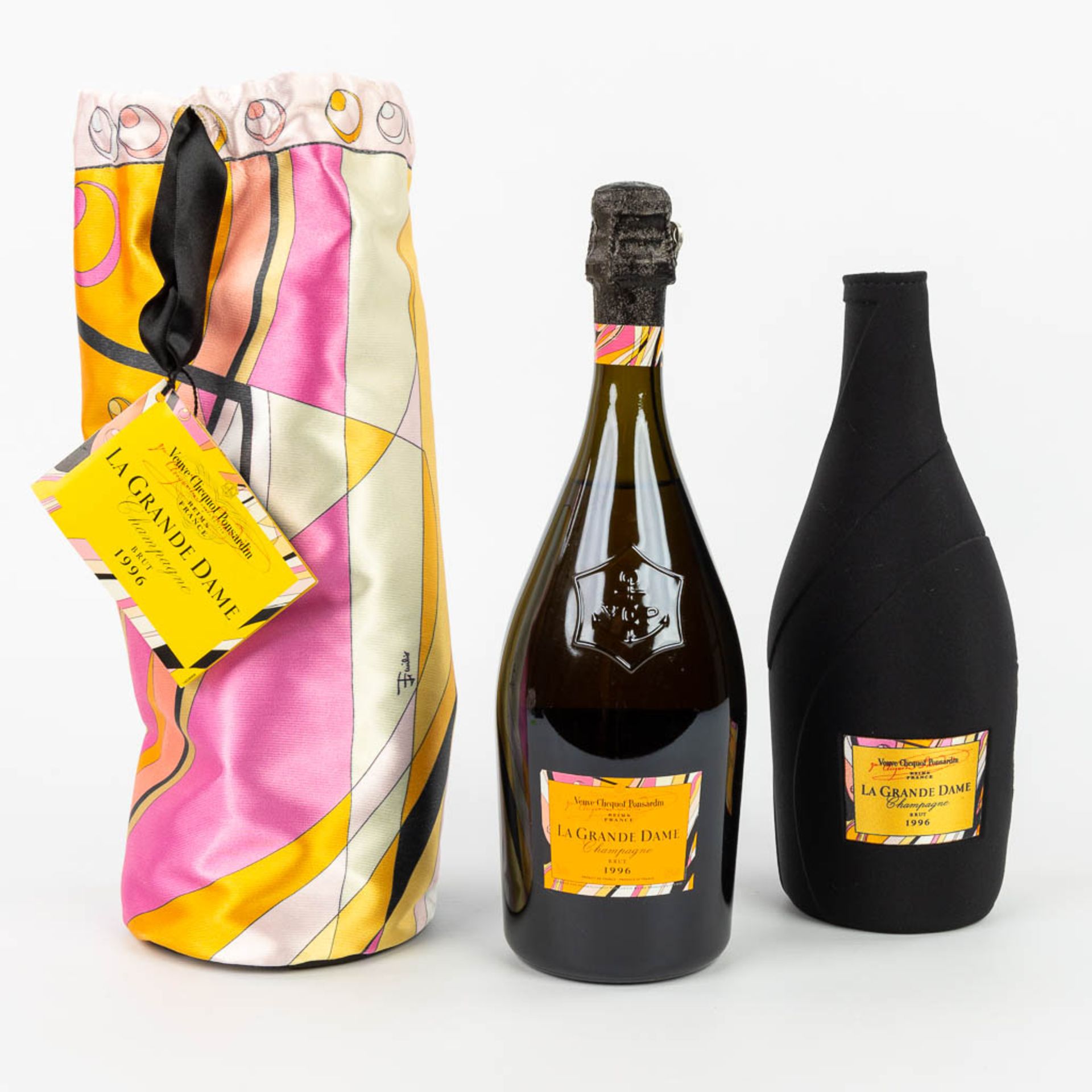 A bottle of Veuve Clicquot Ponsardin 1996 'La Grande Dame' limited edition by Emilio Pucci.