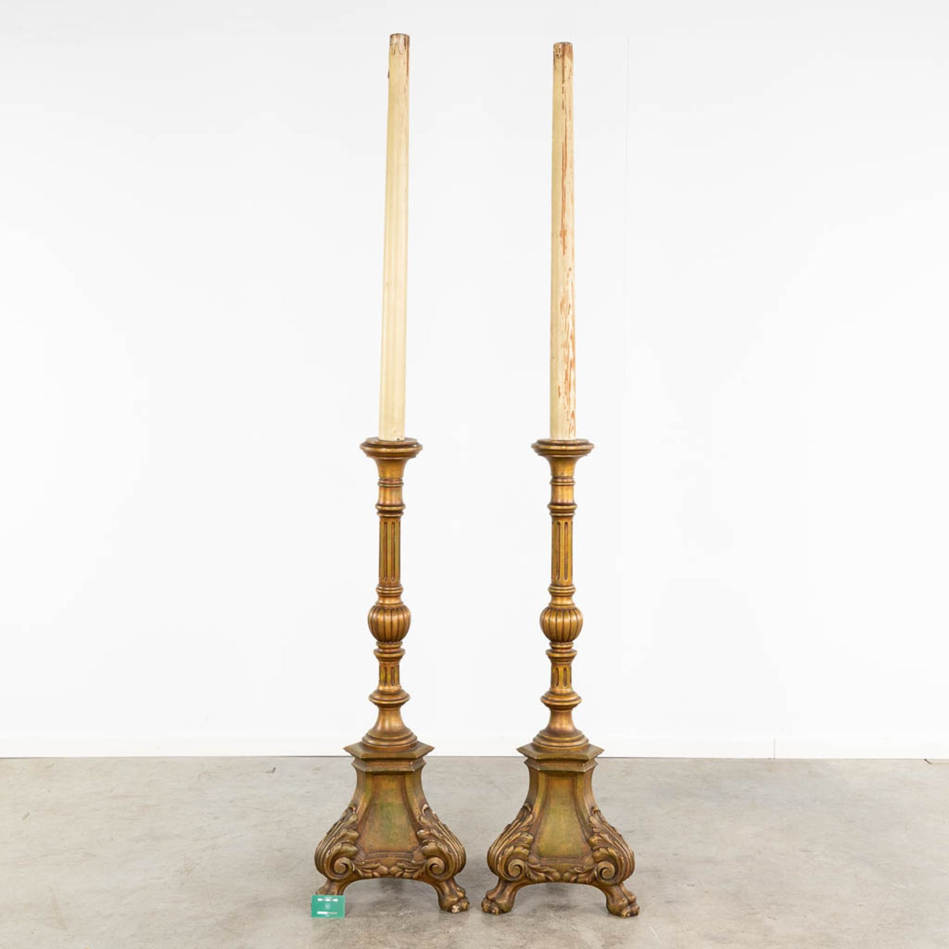 A pair of wood-sculptured church candlesticks. 19th C. (L: 41 x W: 41 x H: 219 cm) - Image 2 of 8