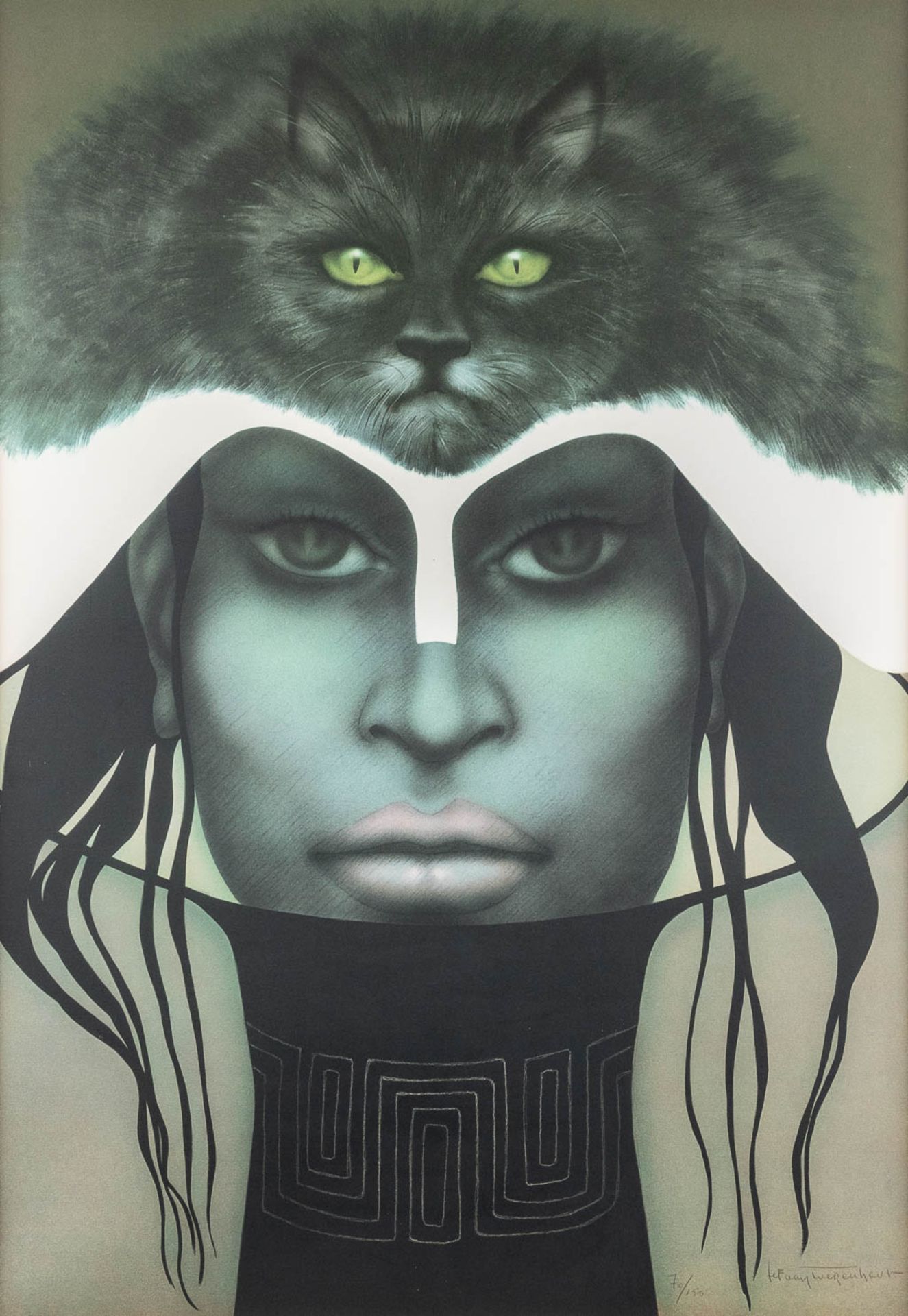 Jef VAN TUERENHOUT (1926-2006) 'Lady with a cat', a lithograph. (W: 52 x H: 75 cm)