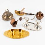 A collection of Liturgical accessories, Altar bells, an Incense burner, Water and Wine cruets, and i