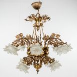 A chandelier, brass with glass shades. Circa 1970. (H: 85 x D: 85 cm)