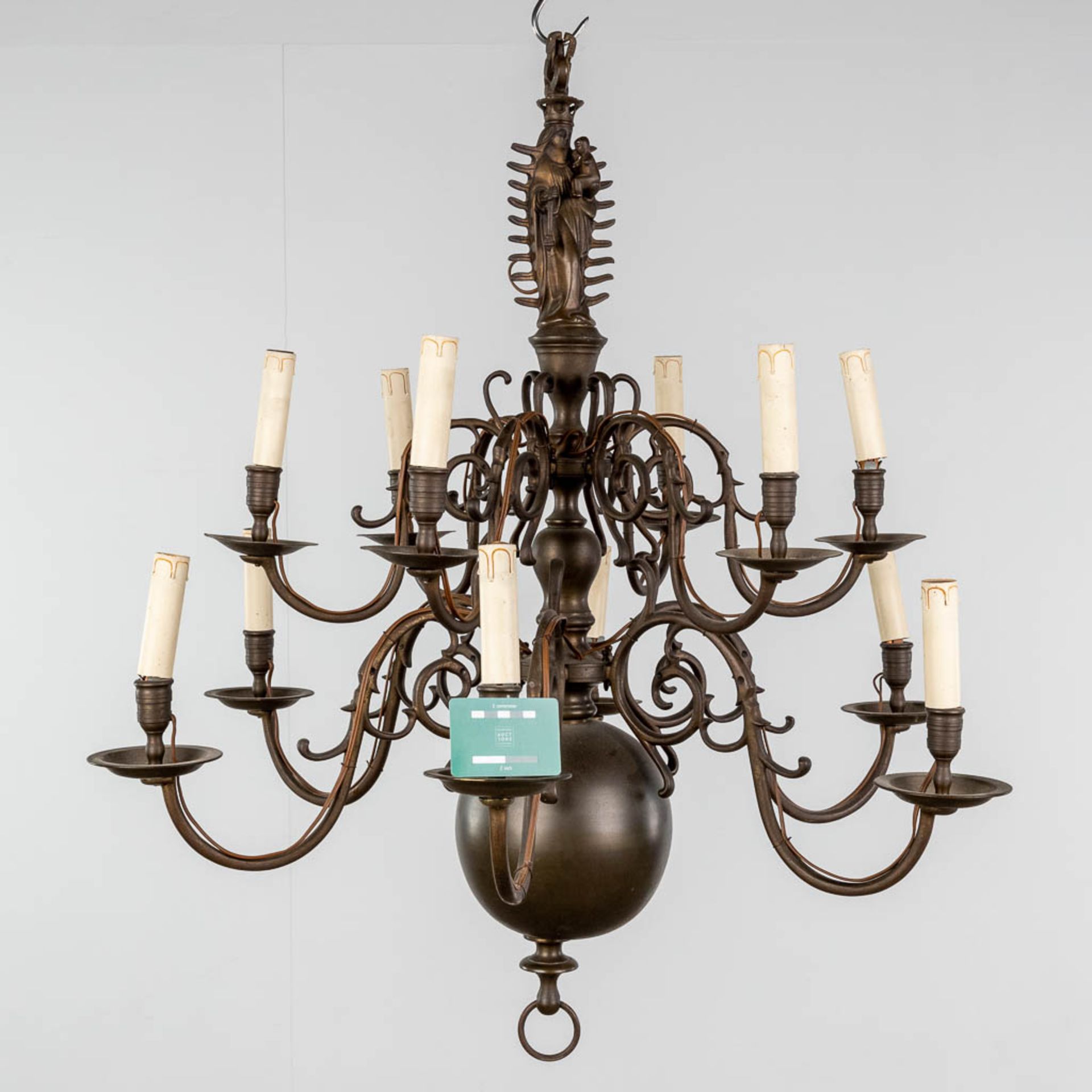 A Flemish candle chandelier, crowned madonna with child, 12 points of light. Bronze. 19th C. (H: 90 - Image 2 of 8