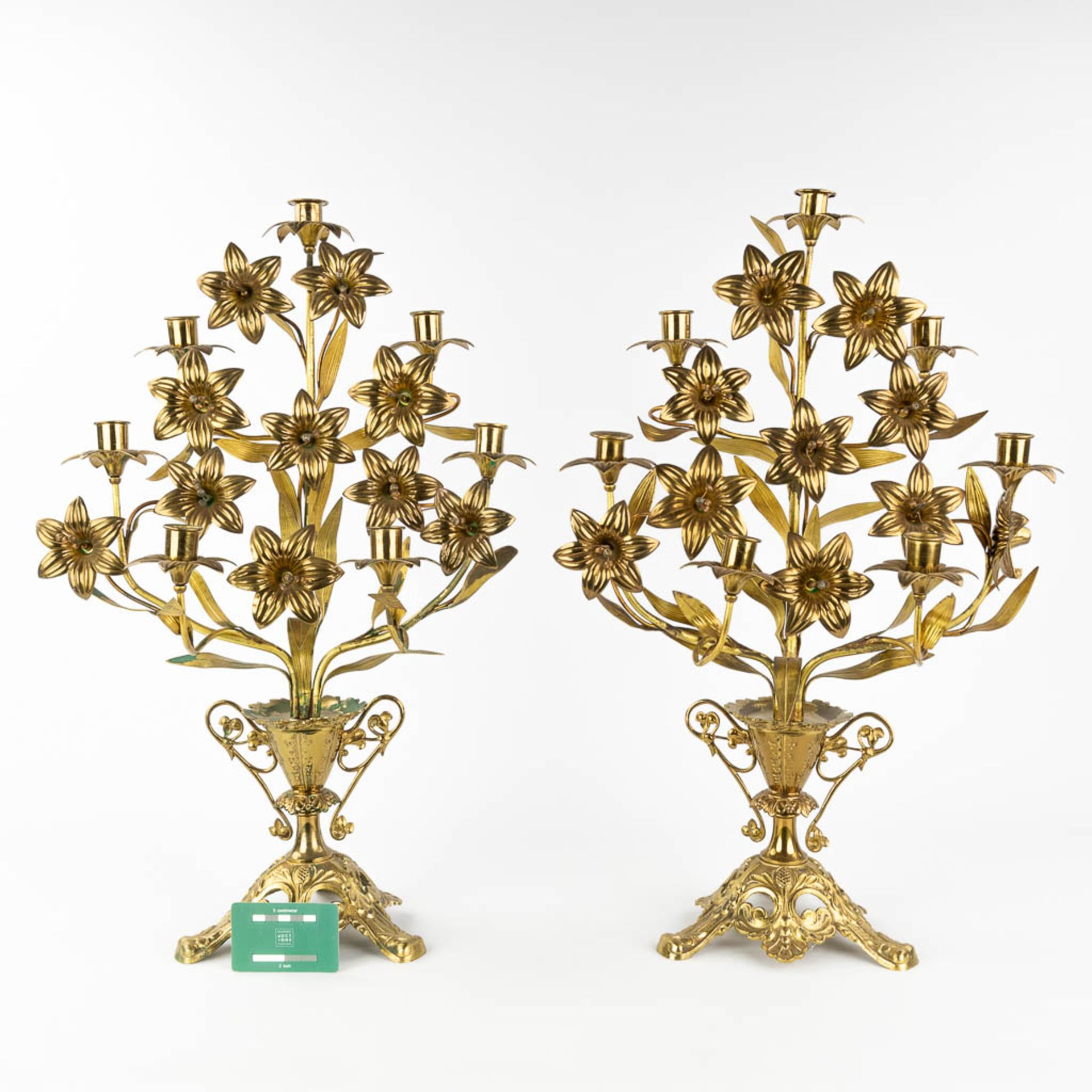 A pair of Church candlesticks, bronze and decorated with flowers. (L: 23 x W: 38 x H: 53 cm) - Image 2 of 13