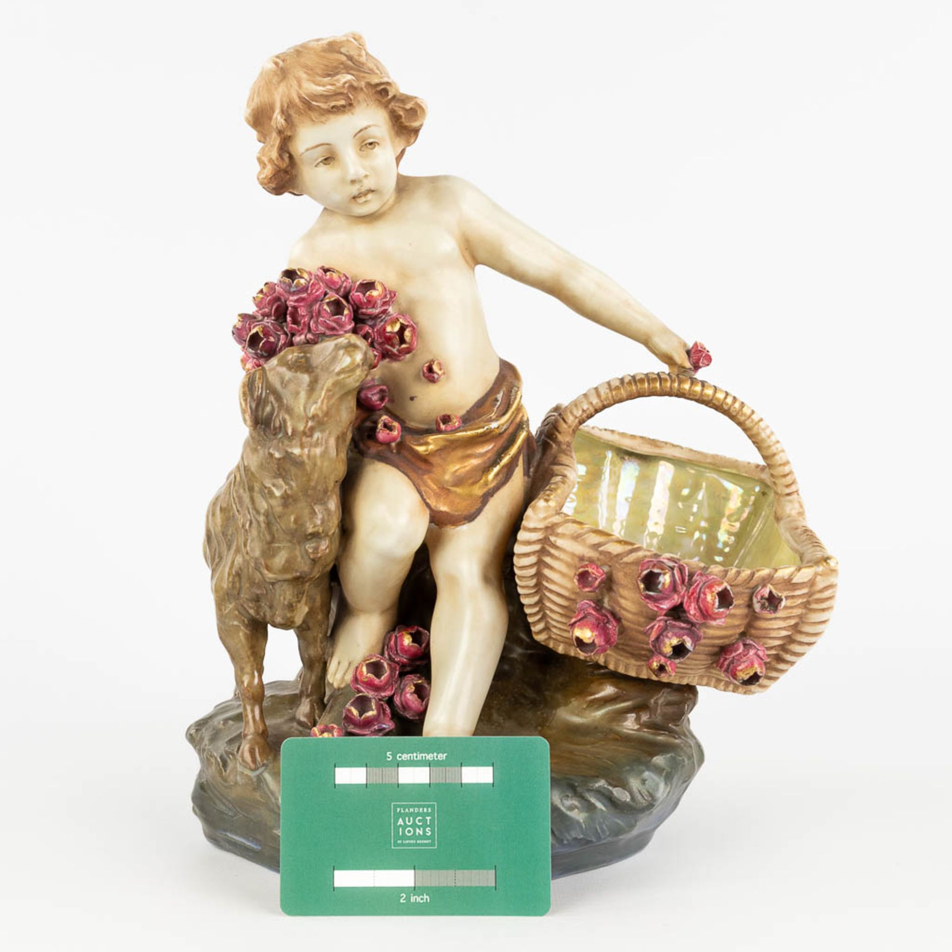 Amphora Austria, 'Child with a basket and sheep' made of glazed faience. (L: 18 x W: 24 x H: 29,5 cm - Image 2 of 14