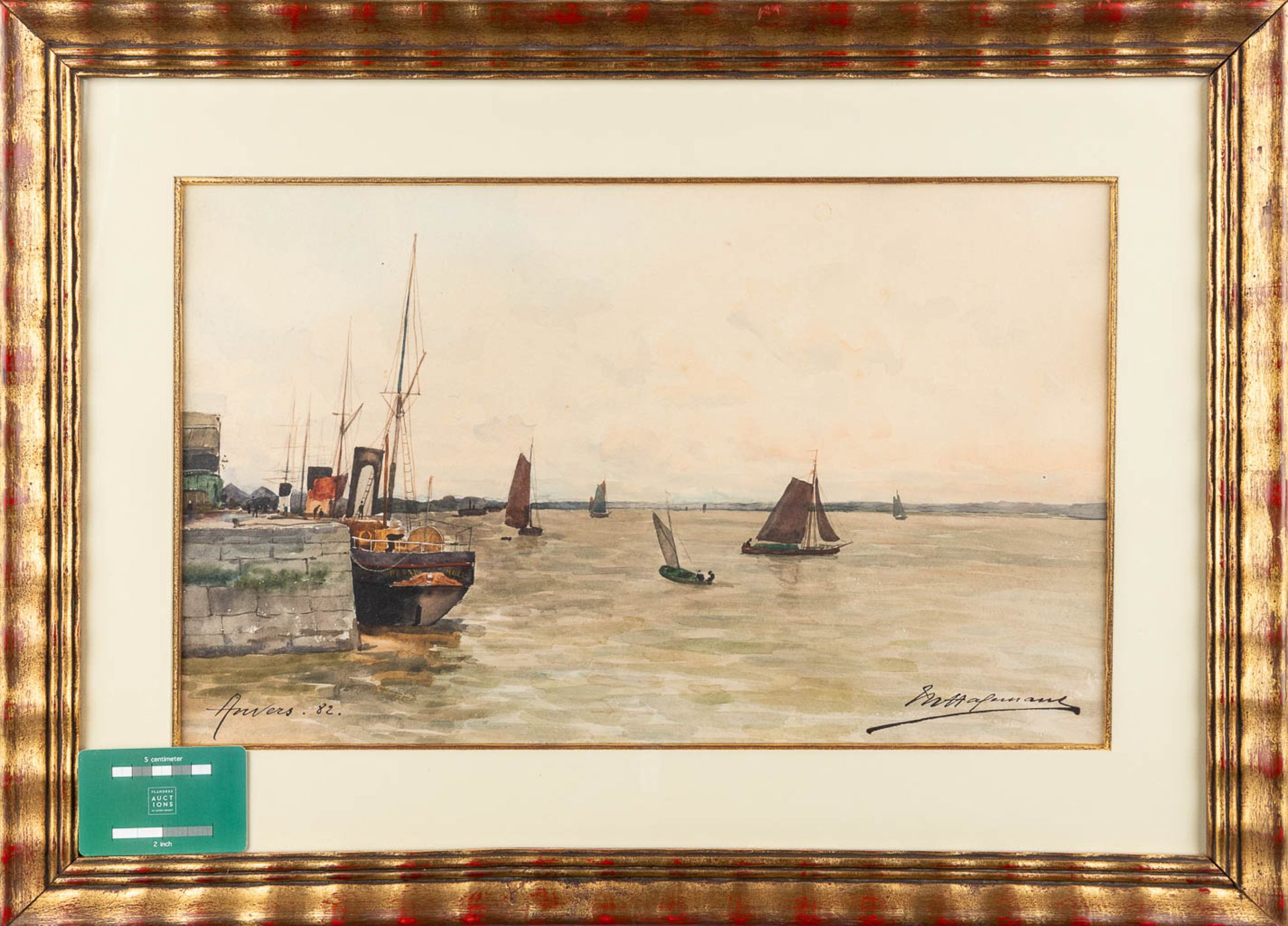 Maurice HAGEMANS (1852-1917) 'Scheldekaai Antwerp' watercolour on paper. 1882. (W: 50 x H: 30 cm) - Image 2 of 8