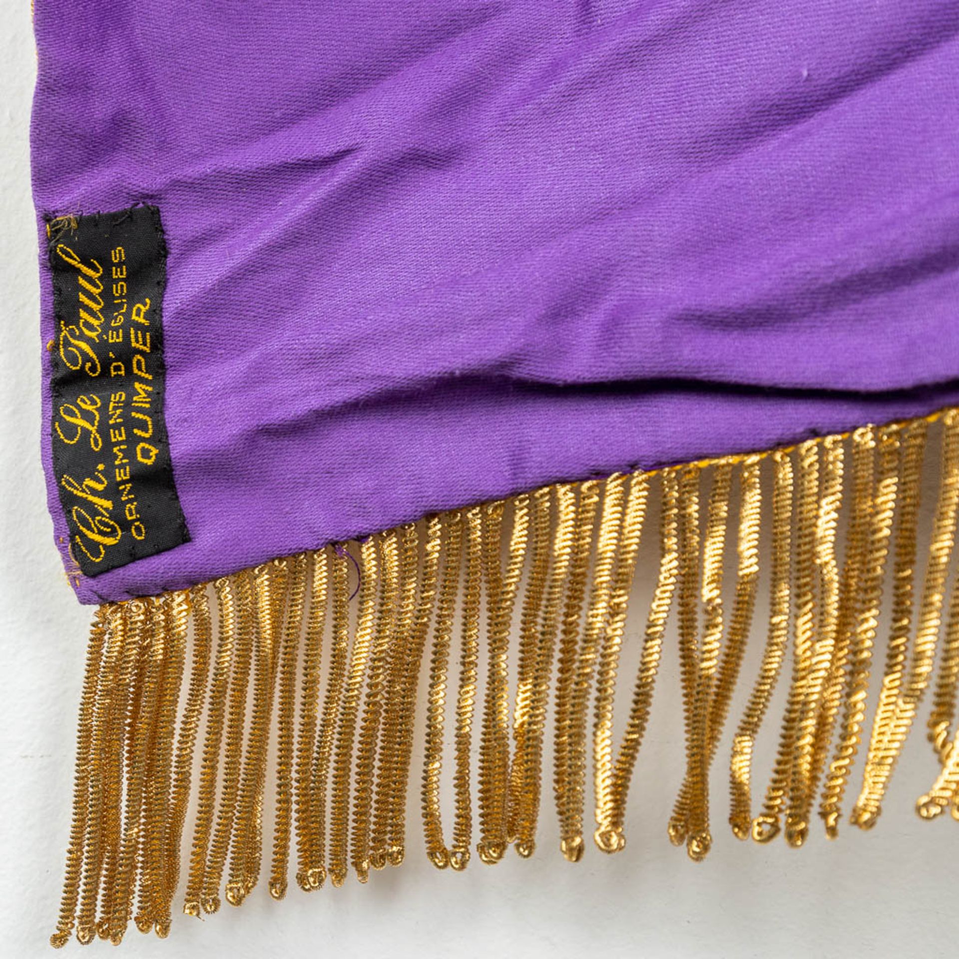 A Cope and Humeral Veil, finished with thick gold thread and purple fabric and the IHS logo. - Image 4 of 12