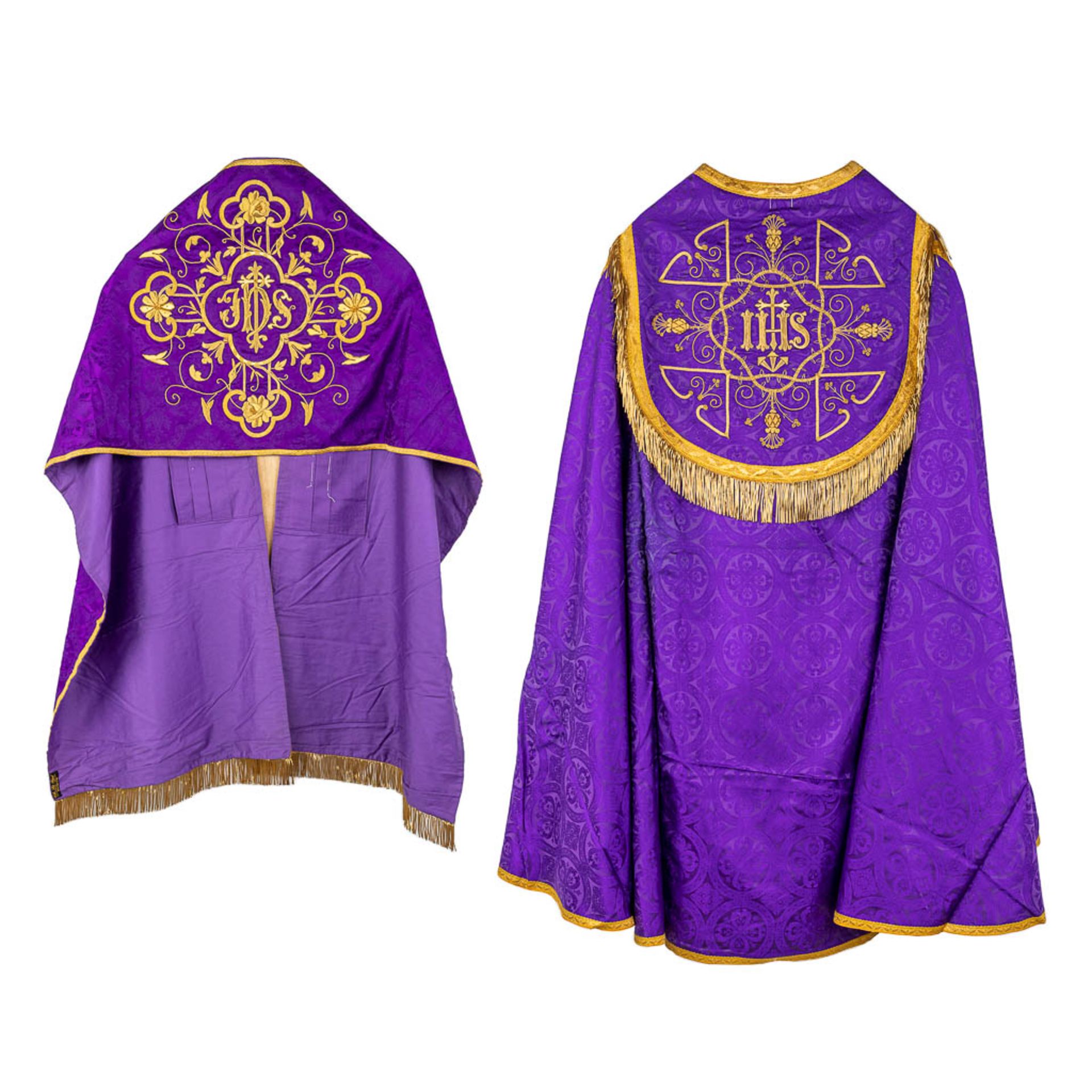 A Cope and Humeral Veil, finished with thick gold thread and purple fabric and the IHS logo.