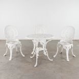 A garden set, consisting of a table and 3 chairs, white patinated aluminium. (H: 65 x D: 70 cm)