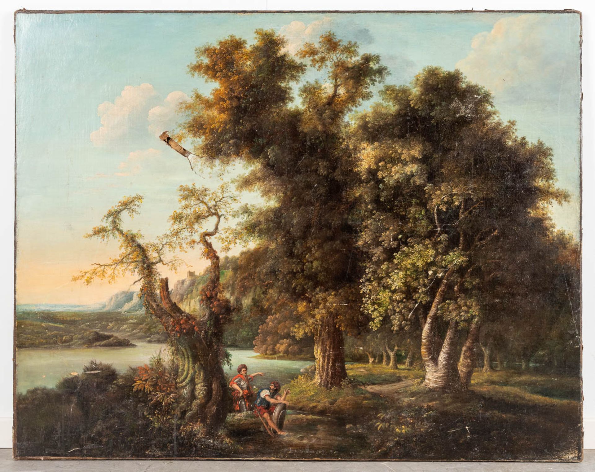 An antique painting, 'Landscape with figurines' oil on canvas. 17th century. (W: 124 x H: 98 cm) - Image 3 of 10