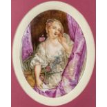 A framed porcelain plaque, with an image of a noble lady. Signed Louis Struys. (W: 18,5 x H: 24 cm)