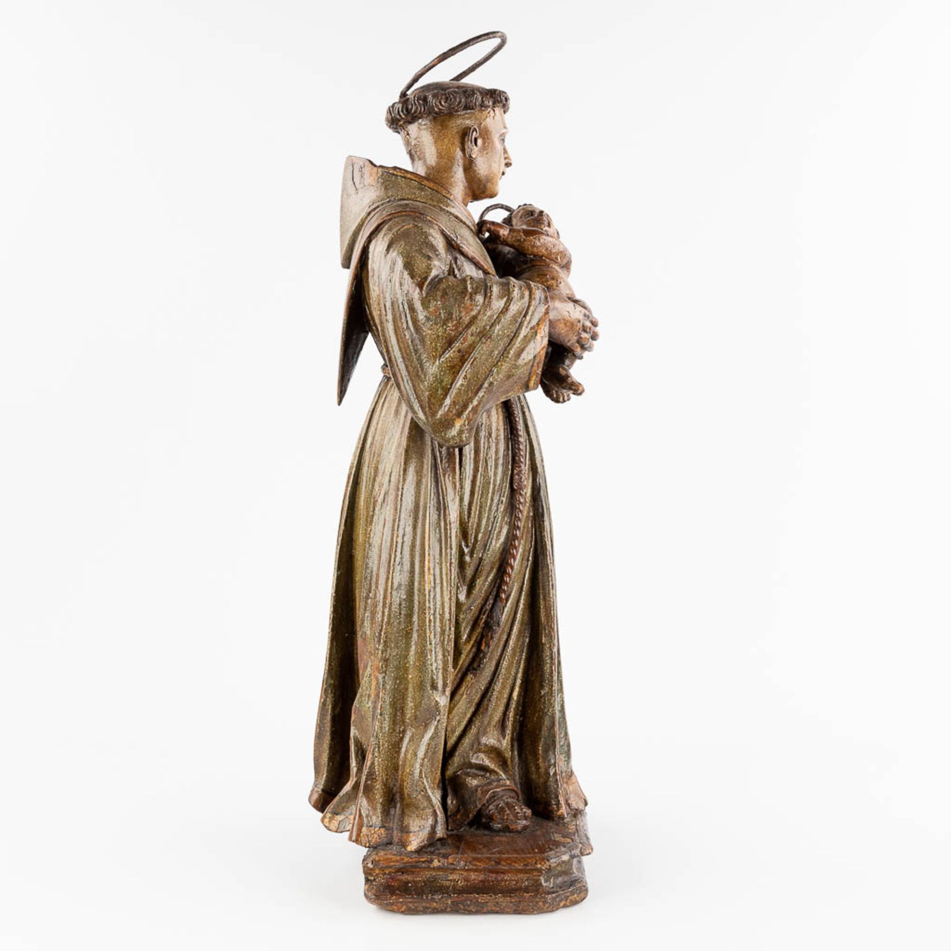 An antique wood-sculptured and polychrome figurine of Saint Anthony with a child. 18th century. (W: - Image 4 of 12