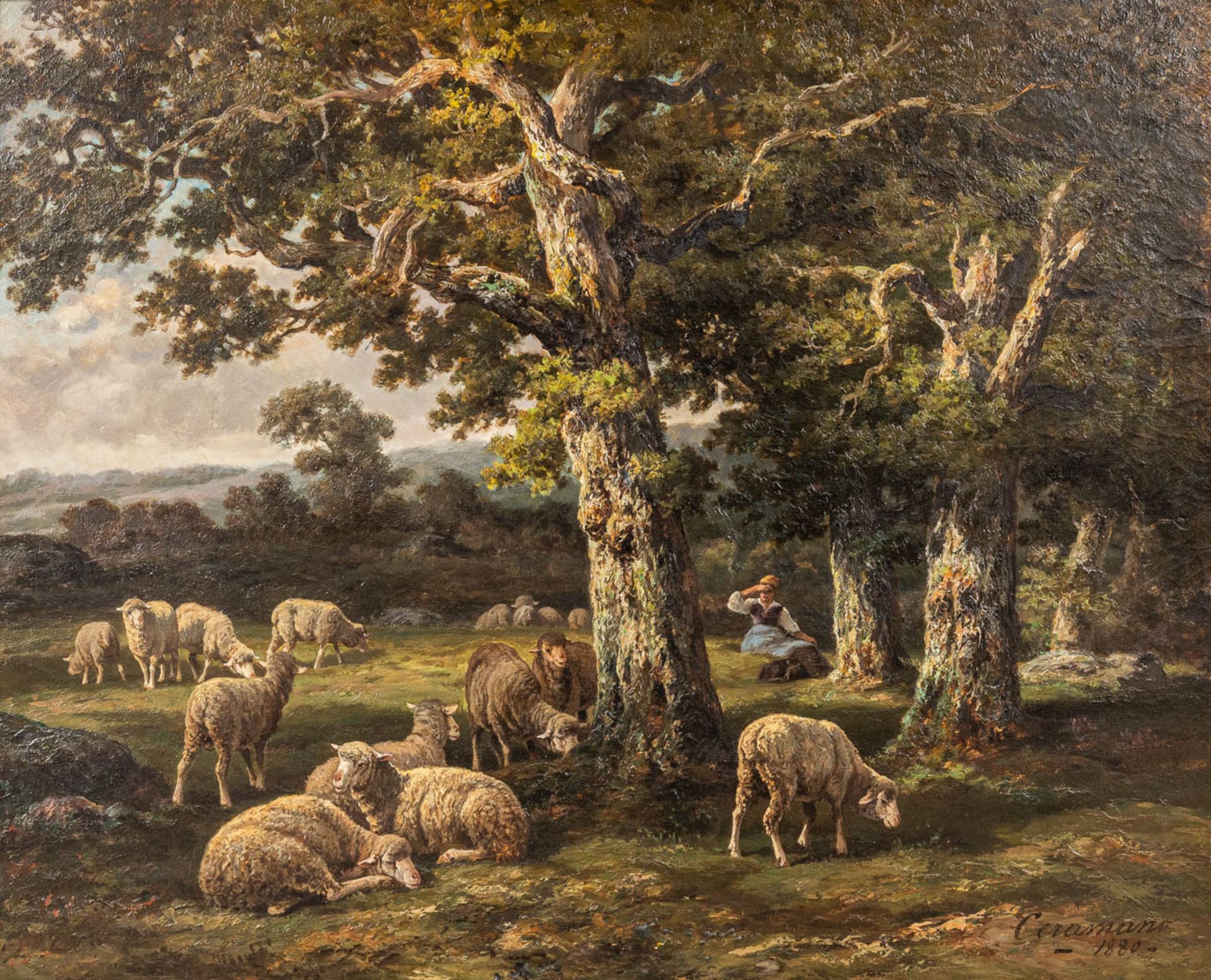Charles Ferdinand CERAMANO (1829/31-1909) 'Sheep in Barbison Forest' oil on canvas. 1880. (W: 81 x H