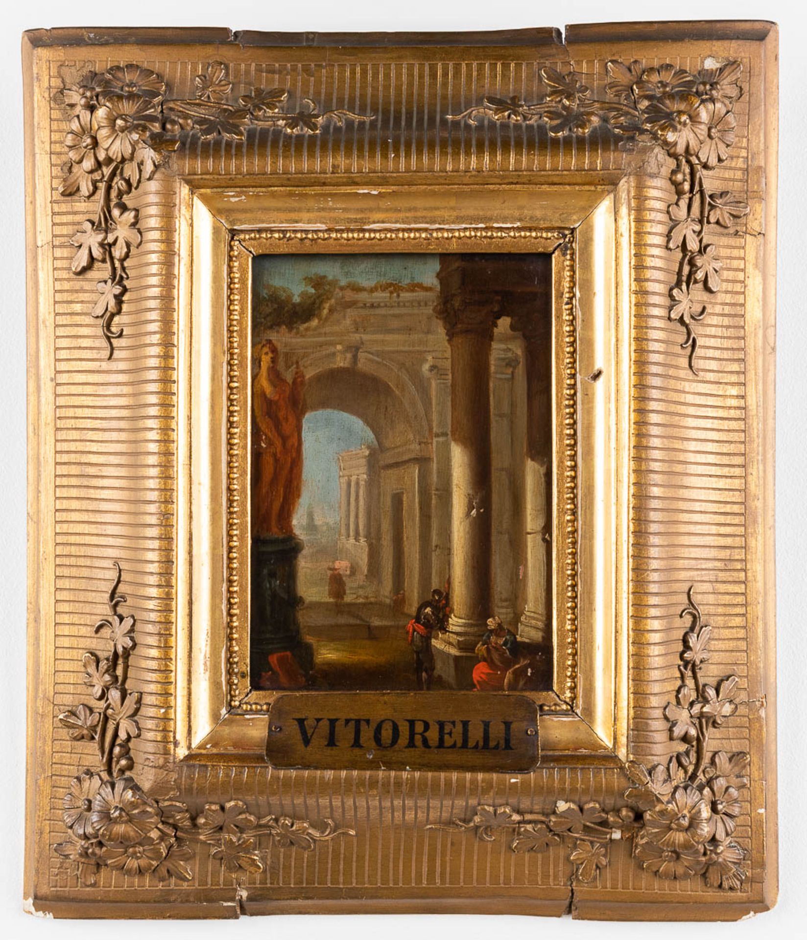 An antique painting 'View on a city' oil on panel. 18th C. (W: 14,5 x H: 21 cm) - Image 3 of 8