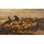 Edouard WOUTERMAERTENS (1819-1897) 'Sheep and shepperd', oil on canvas. (W: 50 x H: 30 cm)