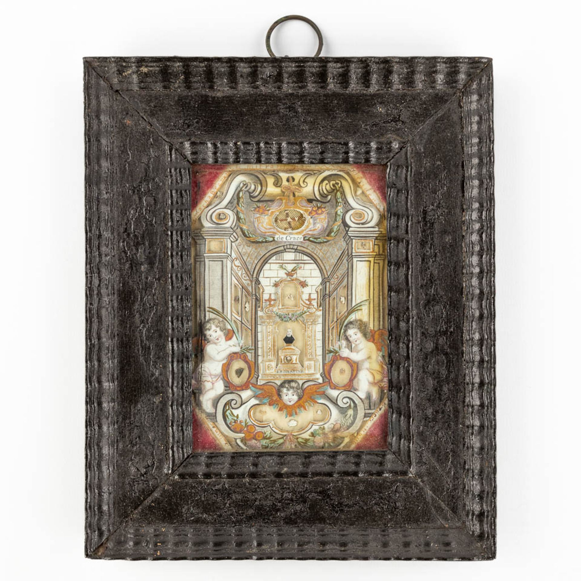 A reliquary frame, De Cruce and S. Pignativs, added a bottle with crucifix. 19th C. (W: 18 x H: 22 c - Image 3 of 14