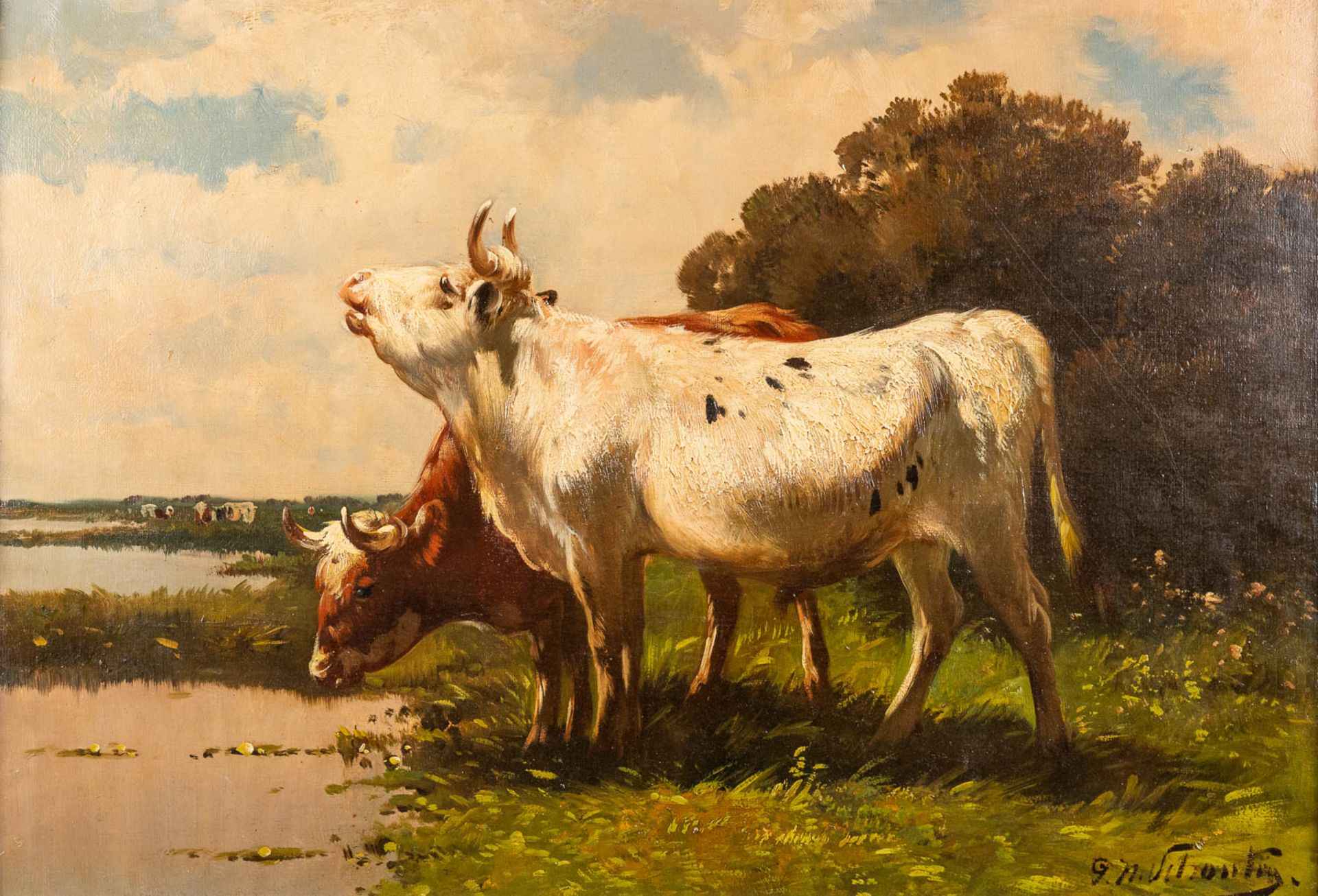 Henry SCHOUTEN (1857/64-1927) 'Pendant paintings, cows in a field' oil on canvas. (W: 80 x H: 55 cm) - Image 10 of 15