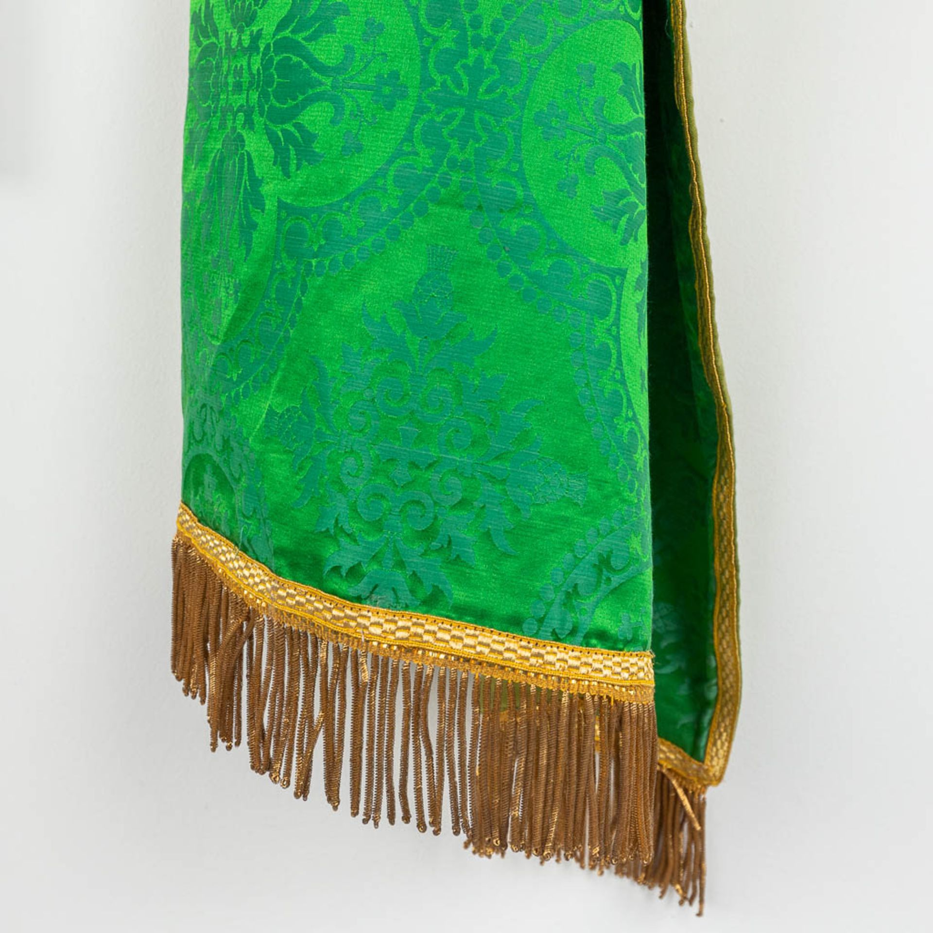 A Cope and Humeral Veil, finished with thick gold thread and green fabric and the IHS logo. - Image 14 of 14
