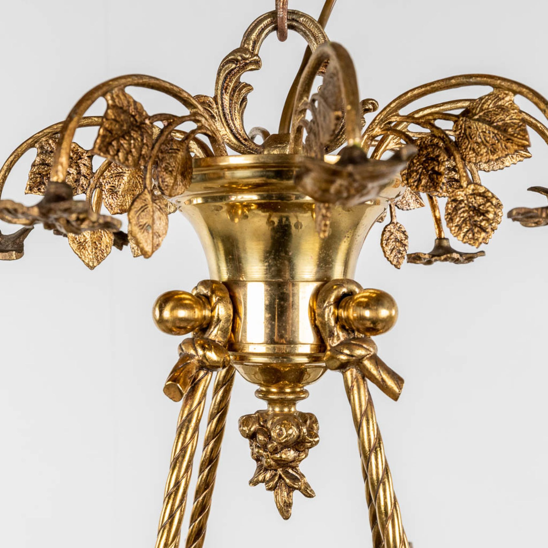 A chandelier, brass with glass lampshades. Circa 1970. (H: 85 x D: 85 cm) - Bild 7 aus 10