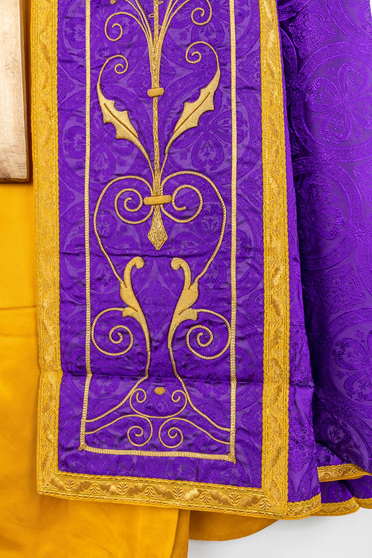 A Cope and Humeral Veil, finished with thick gold thread and purple fabric and the IHS logo. - Image 12 of 12