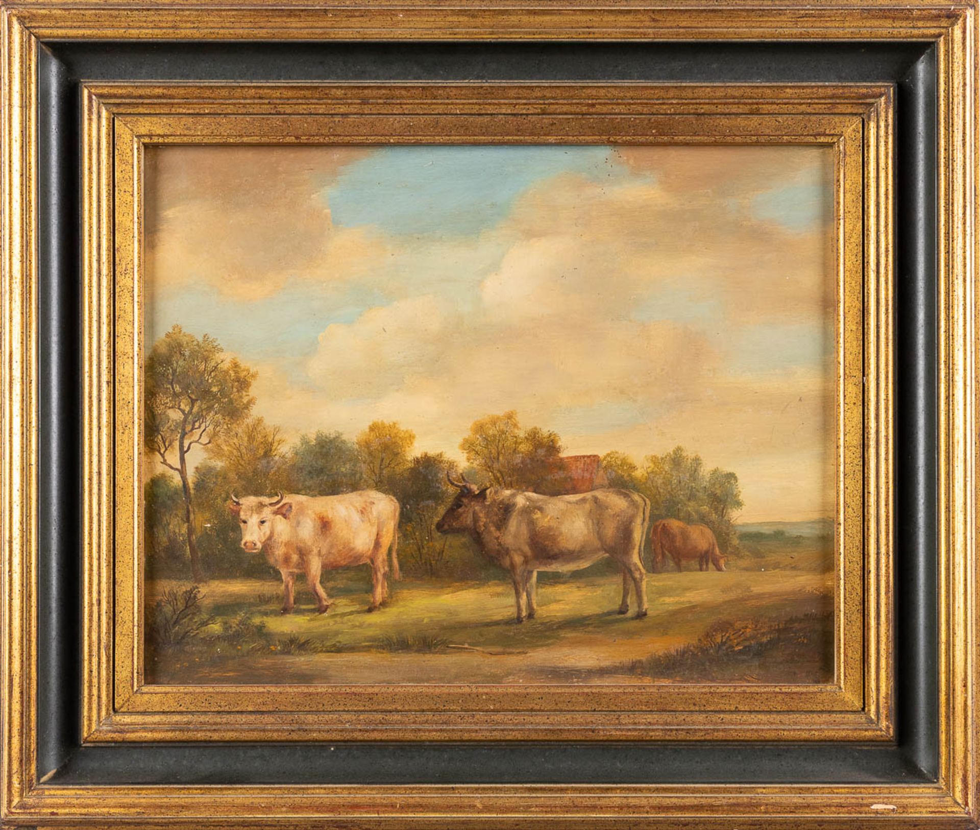 Cows in a field, a painting, oil on a panel. Circa 1900. (W: 43 x H: 34 cm) - Image 3 of 7